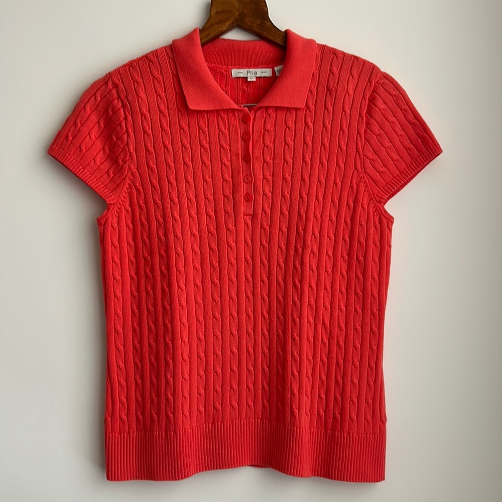 Pria Coral Short Sleeved Cable Knit Polo Style Cotton Shirt